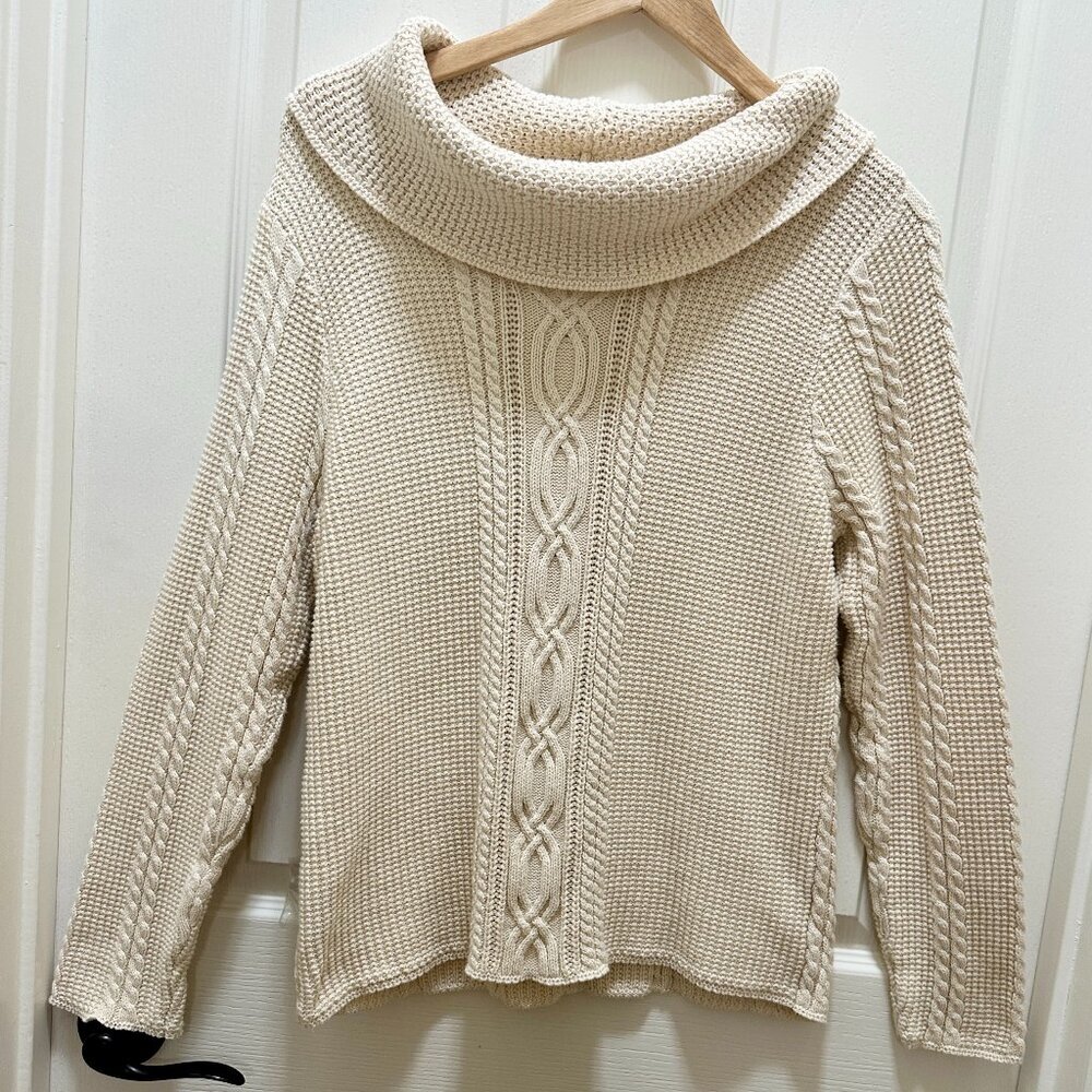 Jeanne Pierre Women's 100% Cotton Cable Knit Sweater Size XLP Beige Cowl Neck
